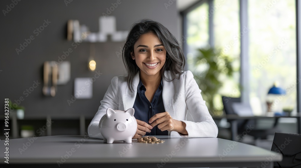 Wall mural Indian woman in business attire putting coins into piggy bank on a table with an office interior background, financial planning, finance, bankinga