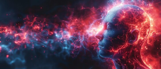 Glowing anatomical figure with red and blue veins, scientific and futuristic, dark background