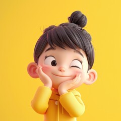 A cheerful cartoon girl with a playful expression against a bright yellow background.