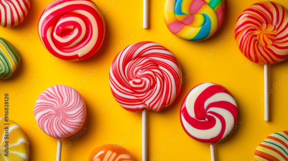 Poster a vibrant photo of assorted colorful lollipops with different shapes and designs, emphasizing their 