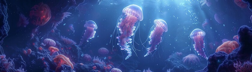 Fototapeta premium Jellyfish floating above seahorses in an underwater canyon, mysterious and majestic illustration style