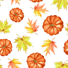 Pumpkins orange with maple leaves. Seamless patten for Autumn Harvest fest. Hand drawn watercolor illustration isolated. Thanksgiving vegetables. Backdrop for wallpaper, card, wrapping, textile, print
