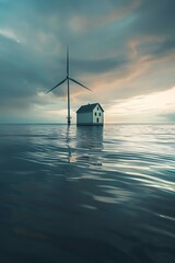 Offshore wind turbine with a small house, calm ocean, wideangle, serene morning light