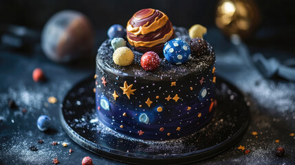 Space themed birthday cake. Space elements with stars and planets