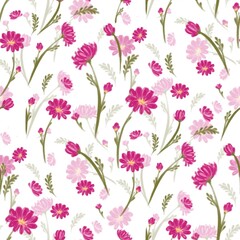 Vintage Seamless Pattern: Pink Blossoms, Green Foliage on White, Romantic Botanical Textile Print