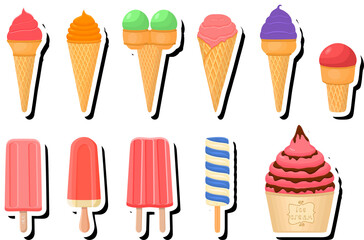 Illustration on theme big kit ice cream popsicle different types in cone waffle cup