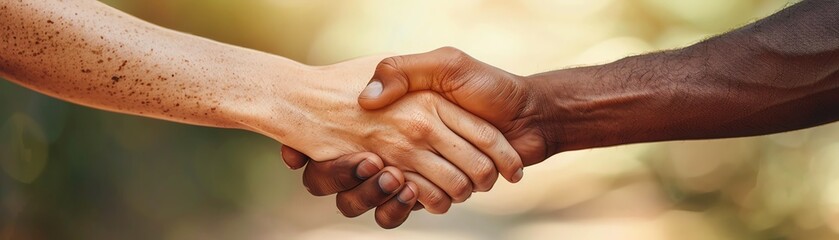 Fototapeta premium Two hands clasped, diverse skin tones, unity, soft light, neutral background