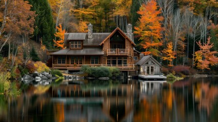 Fototapeta premium A rustic lake house with a wooden dock, autumn leaves mirrored in the calm water.