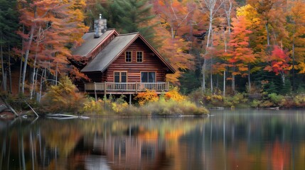 A secluded cabin in the woods by a calm lake, with colorful fall reflections.