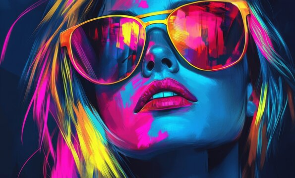 Abstract Pop Art Portrait of a Woman: Vibrant Neon Colors and Sunglasses Embellishing a Modern Contemporary Art Statement for Design and Fashion Magazine Covers