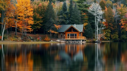 Obraz premium A secluded cabin in the woods by a calm lake, with colorful fall reflections.