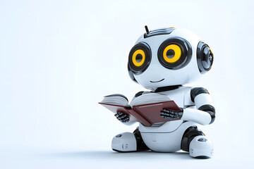 Cute friendly artificial intelligence robot reading book 3d illustration isolated on white. Chatbot and AI assistant concept
