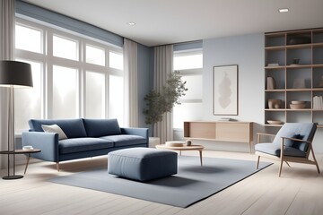 Fototapeta premium Living room interior with blue couch set. Generative ai Illustration