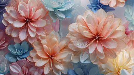 Fototapeta premium Digital artwork featuring a vibrant and intricate floral design. The layout is a close-up view of several large, overlapping flowers with delicate, flowing petals.