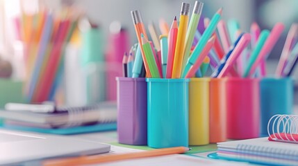 Fototapeta premium An organized desk filled with a rainbow of stationery items, including pens, pencils, and planners, creating a vibrant environment