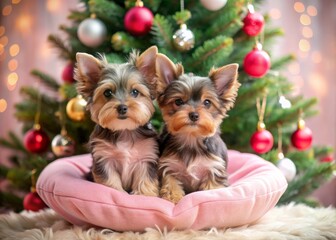 Adorable Yorkshire Terrier puppies sit together on a soft pink fur pillow, surrounded by festive decorations near a Christmas tree.