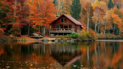 Obraz premium A tranquil cabin by a pristine lake, surrounded by the vibrant colors of fall.