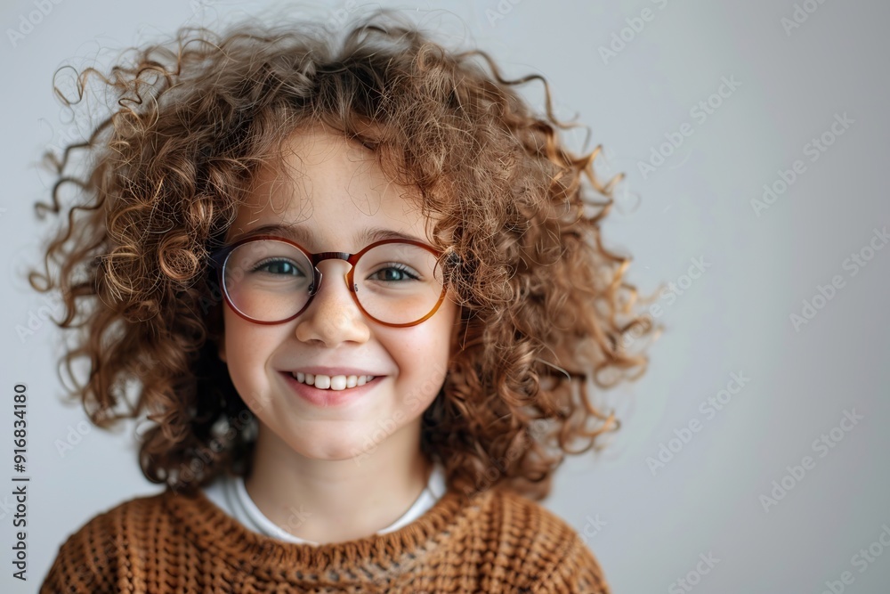 Wall mural Cute little girl in eyeglasses with curly hair on grey background