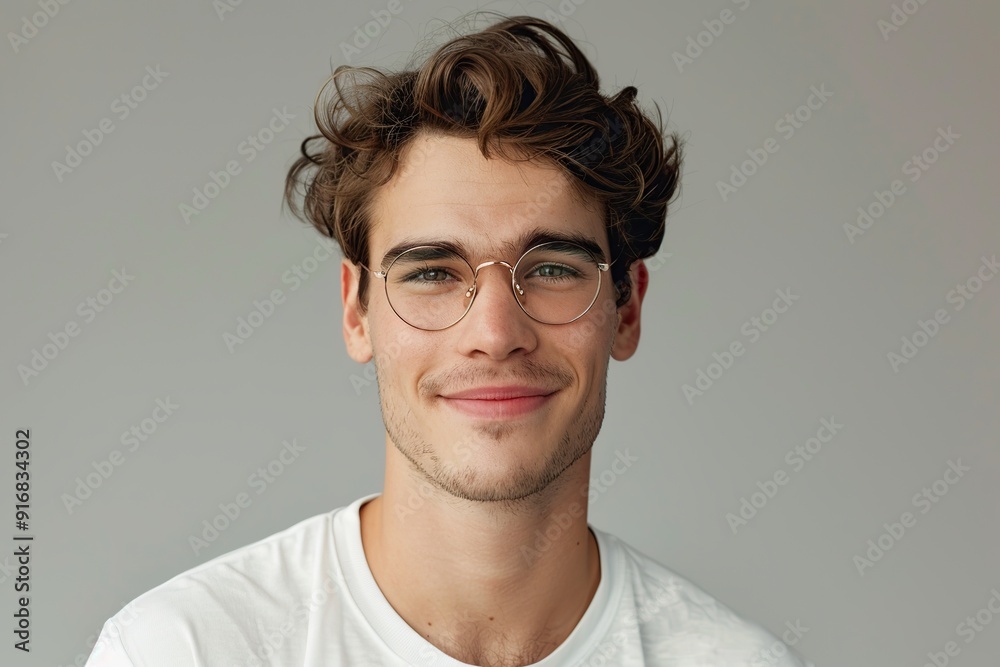 Wall mural cute handsome man in eyeglasses on grey background