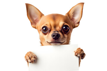 Obraz premium Cute chihuahua puppy holding blank white banner in its paws isolated on white background