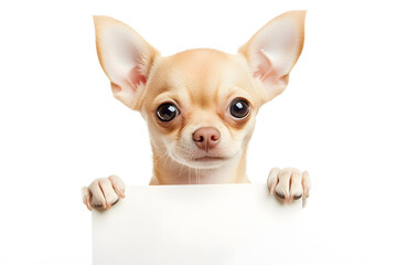 Cute chihuahua puppy holding  blank white banner in its paws isolated on white background