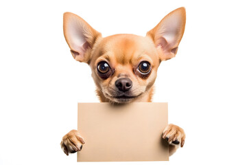 Cute chihuahua puppy holding  blank white banner in its paws isolated on white background