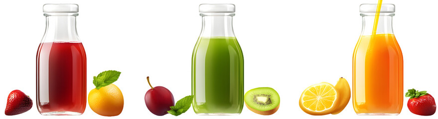 Collection of 3 fresh fruit juices in glass bottles, transparent background
