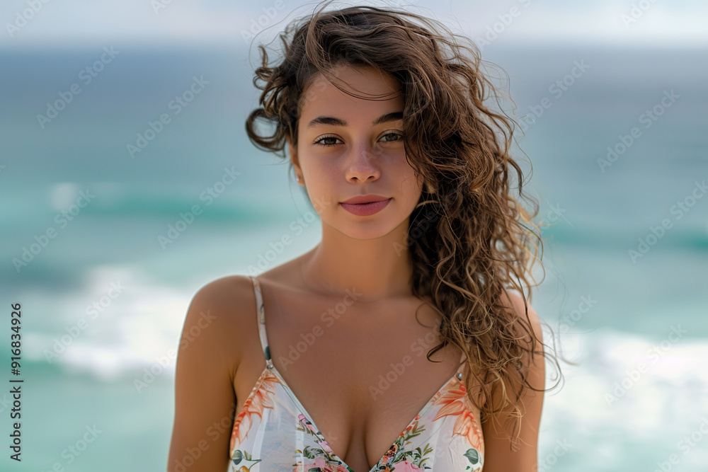 Poster Cute attractive woman with curly hair on blurred ocean background