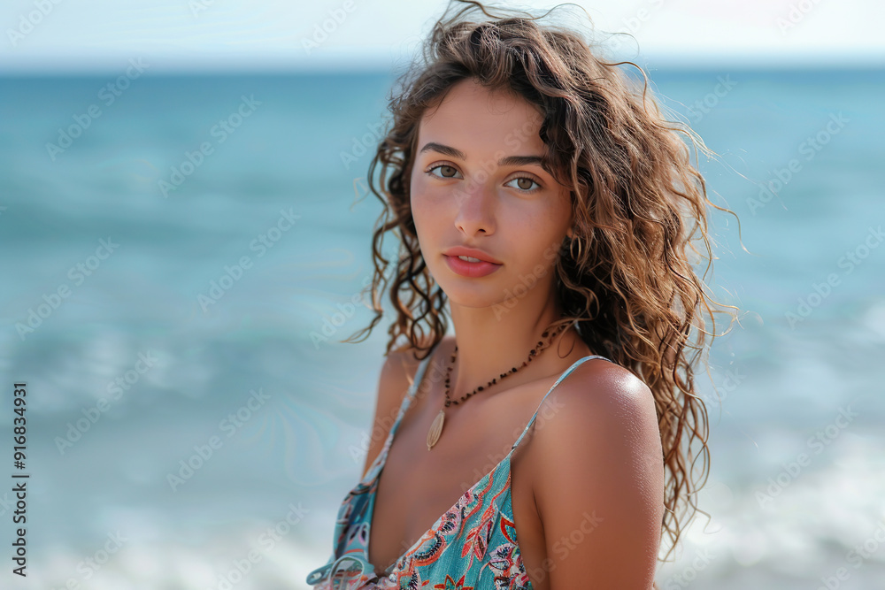 Wall mural Cute attractive woman with curly hair on blurred ocean background