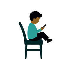 a child are sitting on the chair and play with mobile phone, vector art illustration