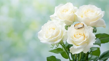 Delicate white roses cradle two gleaming wedding rings, symbolizing love and unity in a serene wedding ceremony decor