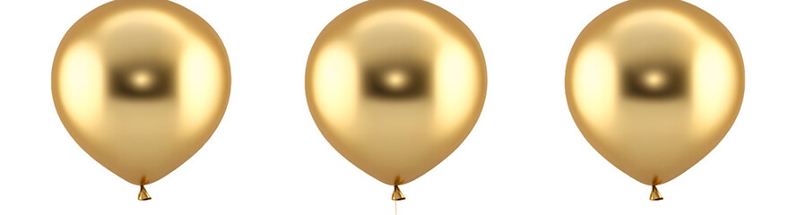 Collection of 3 golden party balloons, transparent background