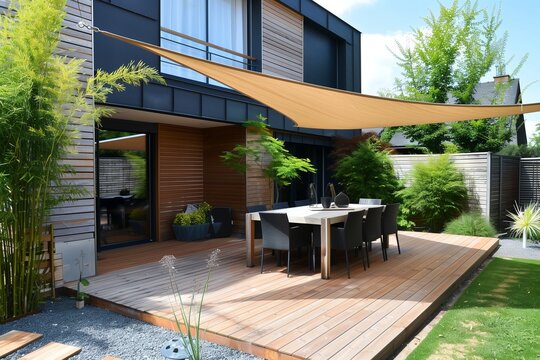 Contemporary terrace with a wooden dining setup and a triangular shade sail.