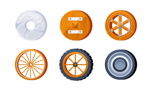 Set of wheels showing the evolution of this essential invention, from a simple stone to a modern rubber tire