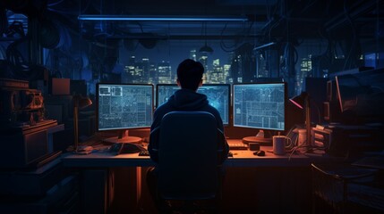 Computer hacker doing coding on computer while sitting at dark office. Neural network ai generated art
