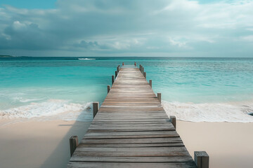 Obraz premium A wooden beach pier leading into turquoise water of the maldives. Maldives on a tropical beach scene