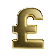 GBP. Golden pound icon. British pound sign in a matte metal texture isolated on a transparent background. 3d render.