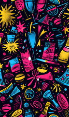 Fototapeta premium 2D illustrated New Year card in a cute graphic style seamless pattern.