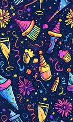 2D illustrated New Year card in a cute graphic style seamless pattern.