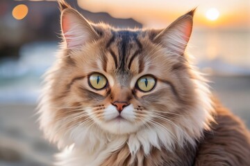 Fototapeta premium Closeup portrait of a fluffy cat with golden eyes against a sunset background.