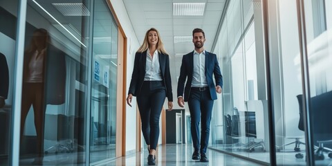 Two people in suits walking down a hallway. One of them is smiling. The hallway is very bright and has a lot of windows