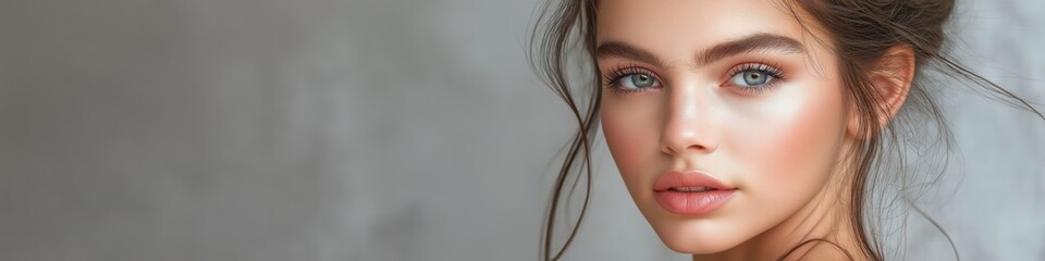 Fototapeta premium A woman with a light blue eye shadow and a dark brown hair. She is wearing a black dress