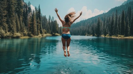 A woman in a bikini jumps into a serene lake surrounded by pine trees and mountains. Her long hair flows as she prepares to make a splash into the calm turquoise water.