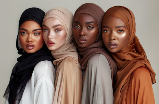 models of different ethnicities wearing hijabs in various colors, each model is posed with her head slightly tilted upwards and looking straight at the camera