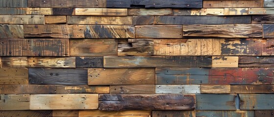 Close-up of a rustic textured wooden wall with multi-coloured boards in brown, red, blue and grey tones. Aged, scratched wood with visible screws/nails creates a visually complex effect