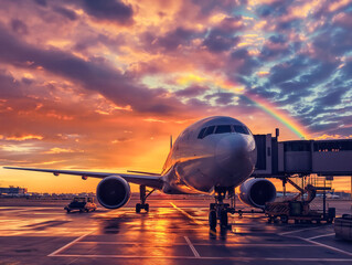 A large airplane is parked on the tarmac at an airport. The sky is filled with clouds and the sun is setting, creating a beautiful and serene atmosphere