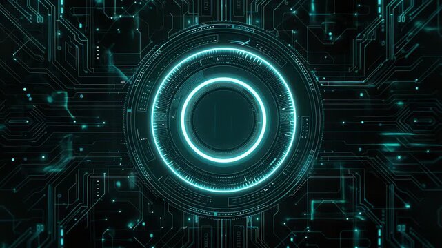 Futuristic digital design featuring a glowing circular pattern on a dark circuit board background.