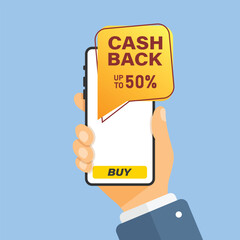 Cashback with smartphone in hand icon in flat style. Money back label vector illustration on isolated background. Cash back poster sign business concept.