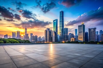 Obraz premium Dramatic panoramic view of empty square floors and modern city skyline with sleek skyscrapers at dusk in Guangzhou, China.