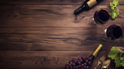 Obraz premium A wooden table with a bottle of wine, two wine glasses, and a fork